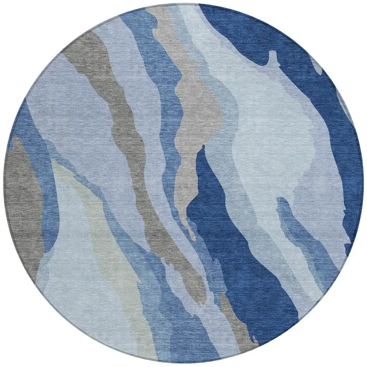 8' Blue Gray And Ivory Round Abstract Washable Indoor Outdoor Area Rug