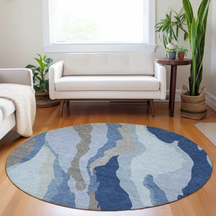 8' Blue Gray And Ivory Round Abstract Washable Indoor Outdoor Area Rug