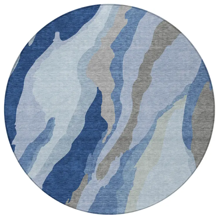 8' Blue Gray And Ivory Round Abstract Washable Indoor Outdoor Area Rug