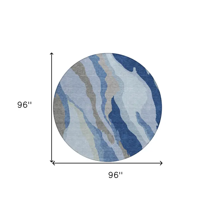 8' Blue Gray And Ivory Round Abstract Washable Indoor Outdoor Area Rug