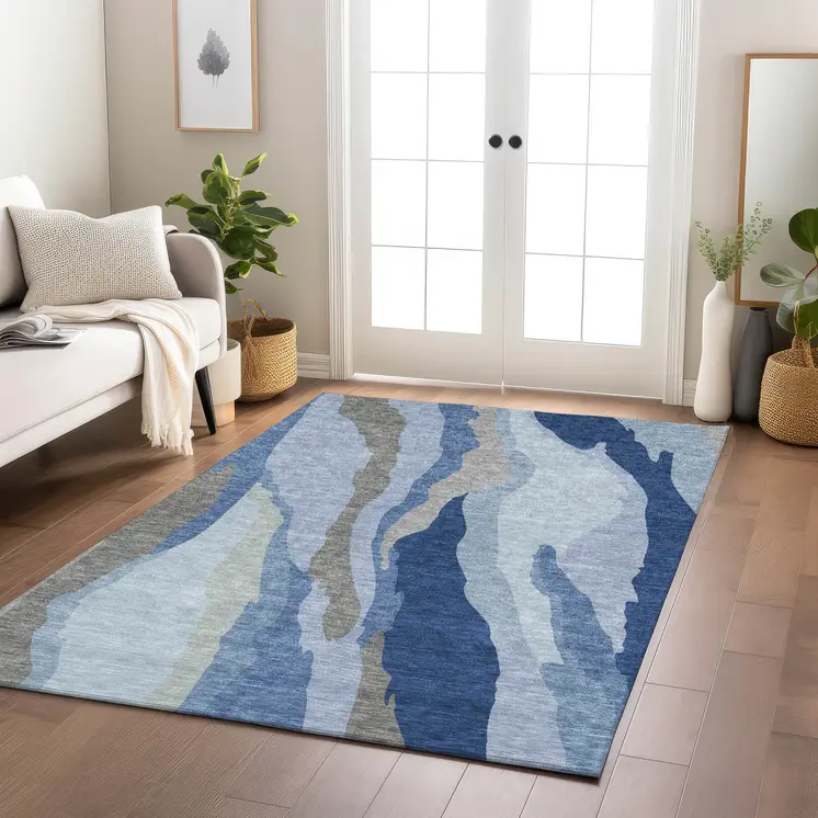 10' X 14' Blue Gray And Ivory Abstract Washable Indoor Outdoor Area Rug