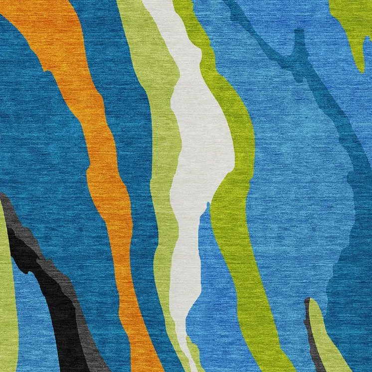 3' X 5' Denim Blue Copper And Green Abstract Washable Indoor Outdoor Area Rug