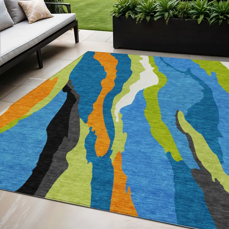 5' X 8' Denim Blue Copper And Green Abstract Washable Indoor Outdoor Area Rug