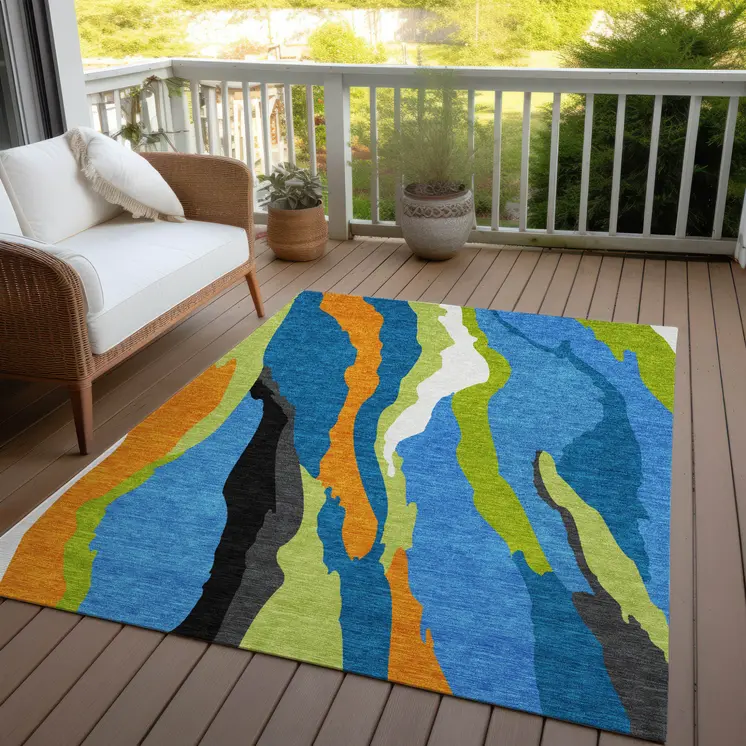 5' X 8' Denim Blue Copper And Green Abstract Washable Indoor Outdoor Area Rug