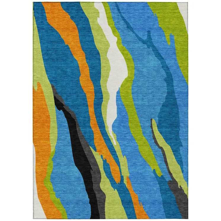 5' X 8' Denim Blue Copper And Green Abstract Washable Indoor Outdoor Area Rug
