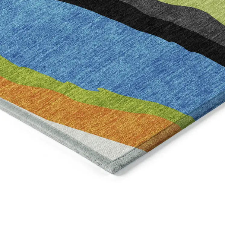 5' X 8' Denim Blue Copper And Green Abstract Washable Indoor Outdoor Area Rug