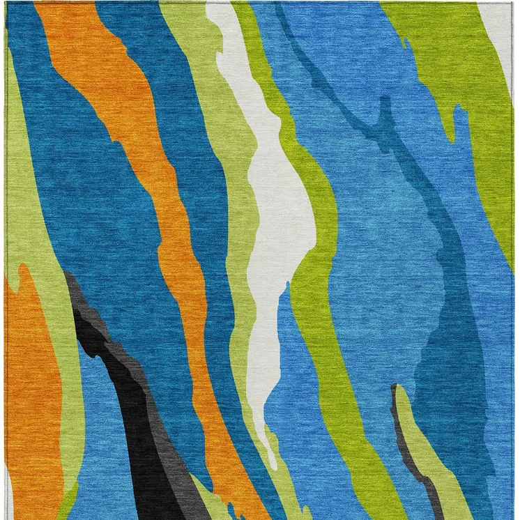 5' X 8' Denim Blue Copper And Green Abstract Washable Indoor Outdoor Area Rug