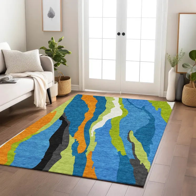 5' X 8' Denim Blue Copper And Green Abstract Washable Indoor Outdoor Area Rug