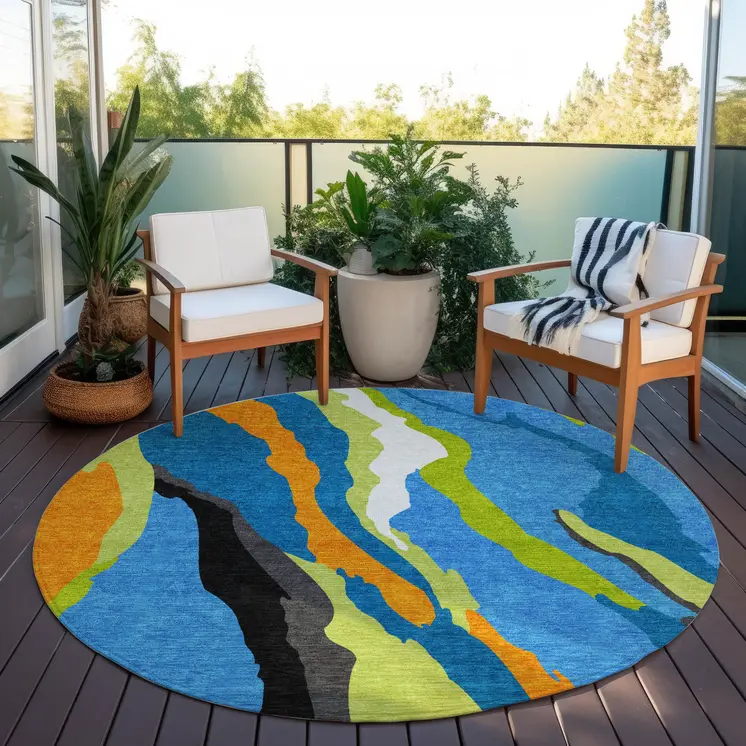 8' Denim Blue Copper And Green Round Abstract Washable Indoor Outdoor Area Rug