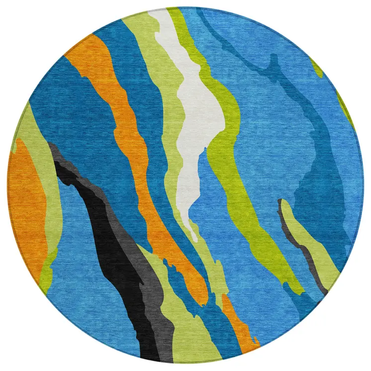 8' Denim Blue Copper And Green Round Abstract Washable Indoor Outdoor Area Rug