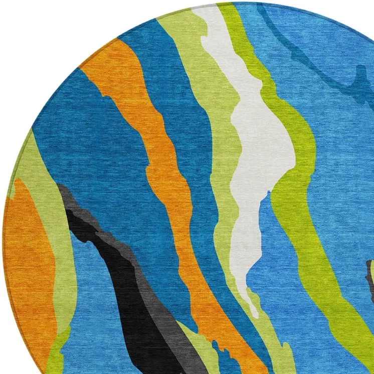 8' Denim Blue Copper And Green Round Abstract Washable Indoor Outdoor Area Rug