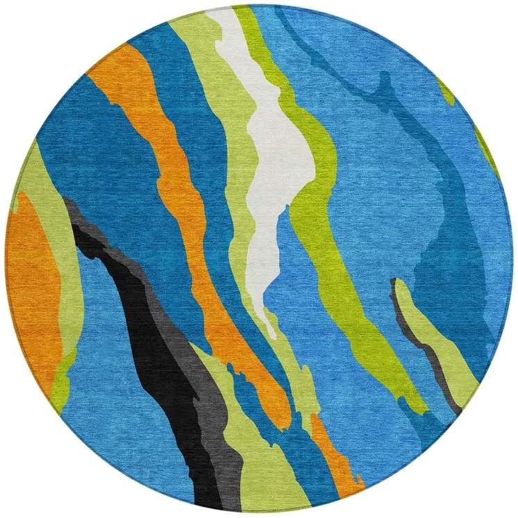 8' Denim Blue Copper And Green Round Abstract Washable Indoor Outdoor Area Rug