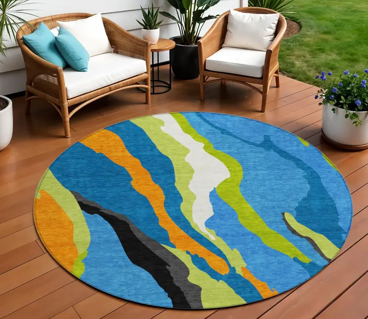 8' Denim Blue Copper And Green Round Abstract Washable Indoor Outdoor Area Rug