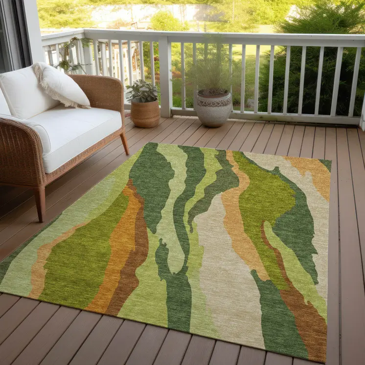 3' X 5' Green Beige And Copper Abstract Washable Indoor Outdoor Area Rug