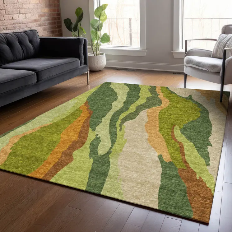 3' X 5' Green Beige And Copper Abstract Washable Indoor Outdoor Area Rug