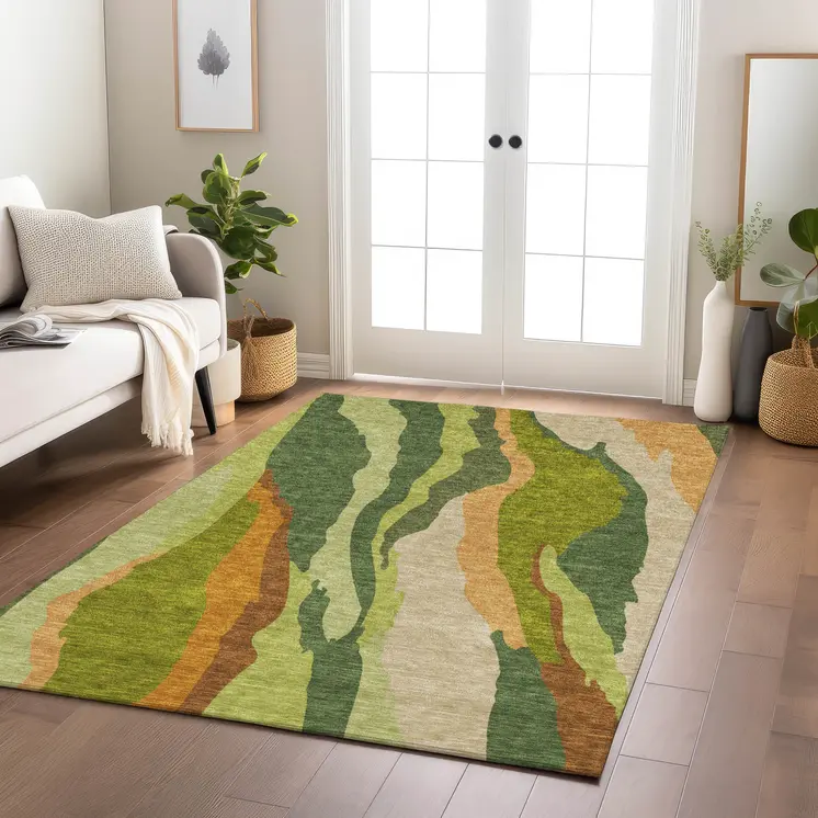 3' X 5' Green Beige And Copper Abstract Washable Indoor Outdoor Area Rug