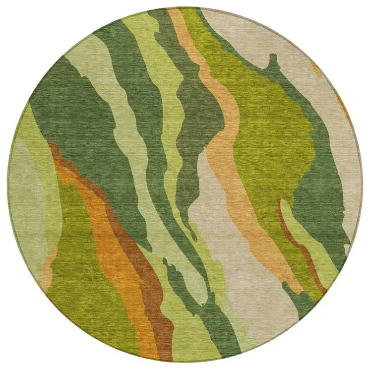 8' Green Beige And Copper Round Abstract Washable Indoor Outdoor Area Rug