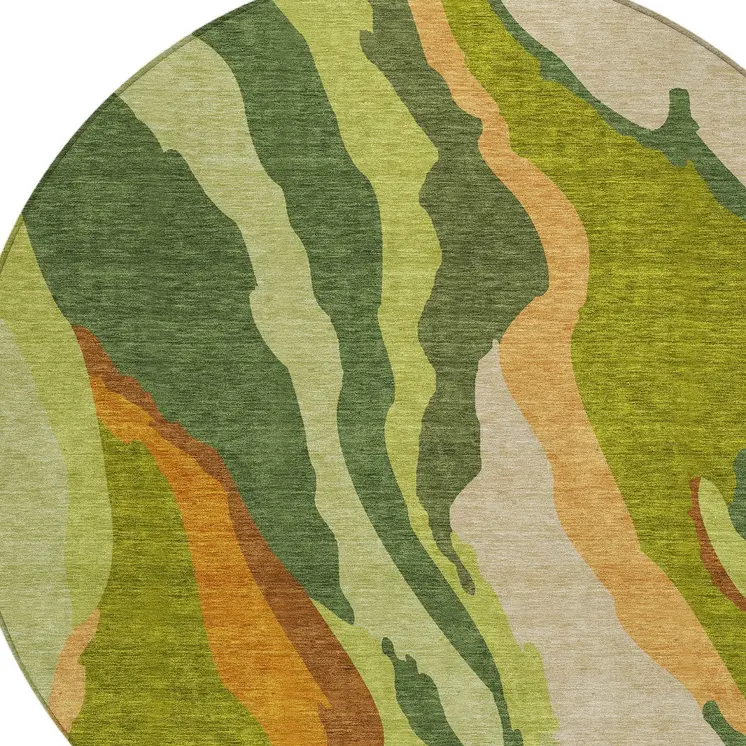 8' Green Beige And Copper Round Abstract Washable Indoor Outdoor Area Rug