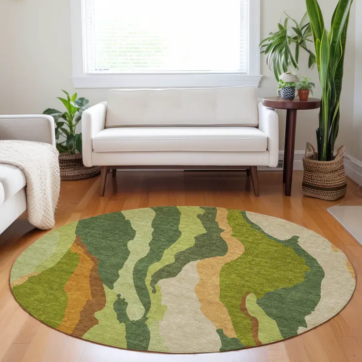 8' Green Beige And Copper Round Abstract Washable Indoor Outdoor Area Rug