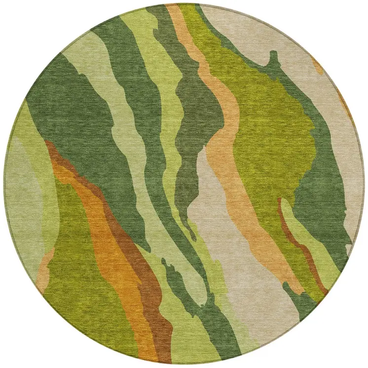 8' Green Beige And Copper Round Abstract Washable Indoor Outdoor Area Rug