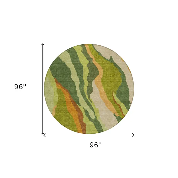 8' Green Beige And Copper Round Abstract Washable Indoor Outdoor Area Rug