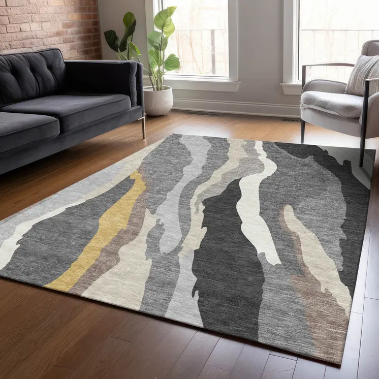 5' X 8' Gray Charcoal And Tan Abstract Washable Indoor Outdoor Area Rug
