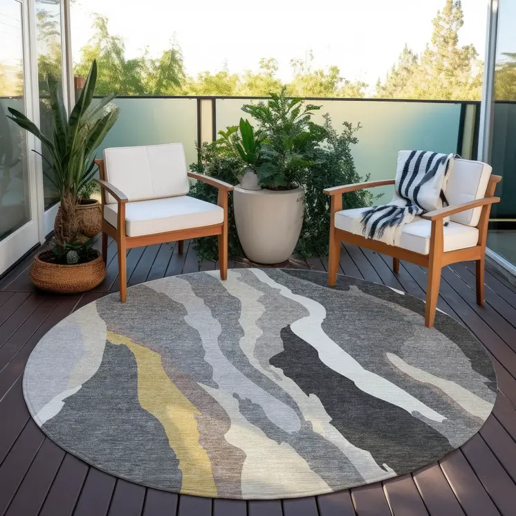 8' Gray Charcoal And Tan Round Abstract Washable Indoor Outdoor Area Rug
