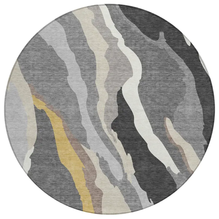 8' Gray Charcoal And Tan Round Abstract Washable Indoor Outdoor Area Rug