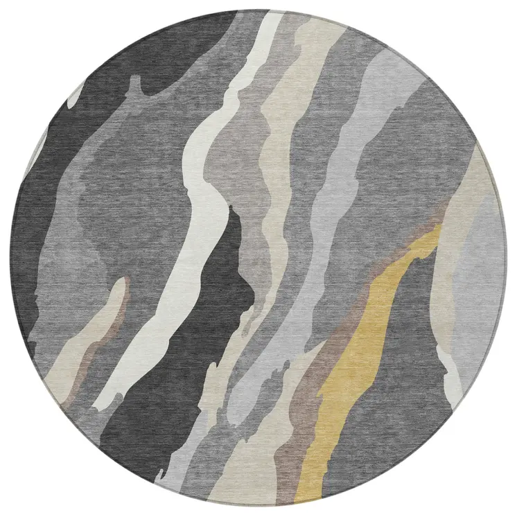 8' Gray Charcoal And Tan Round Abstract Washable Indoor Outdoor Area Rug