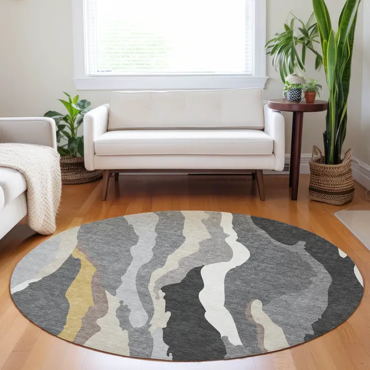 8' Gray Charcoal And Tan Round Abstract Washable Indoor Outdoor Area Rug