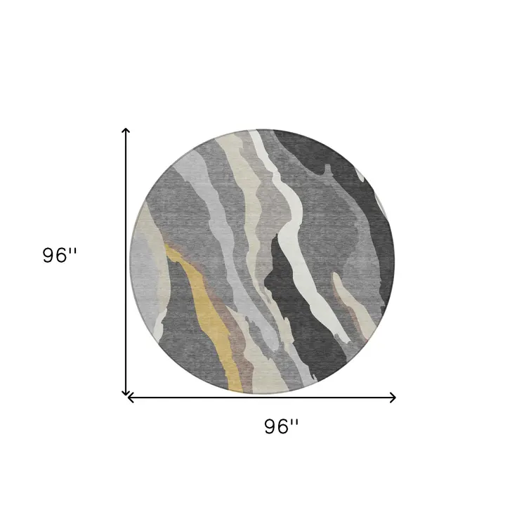 8' Gray Charcoal And Tan Round Abstract Washable Indoor Outdoor Area Rug