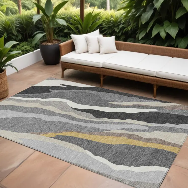 10' X 14' Gray Charcoal And Tan Abstract Washable Indoor Outdoor Area Rug