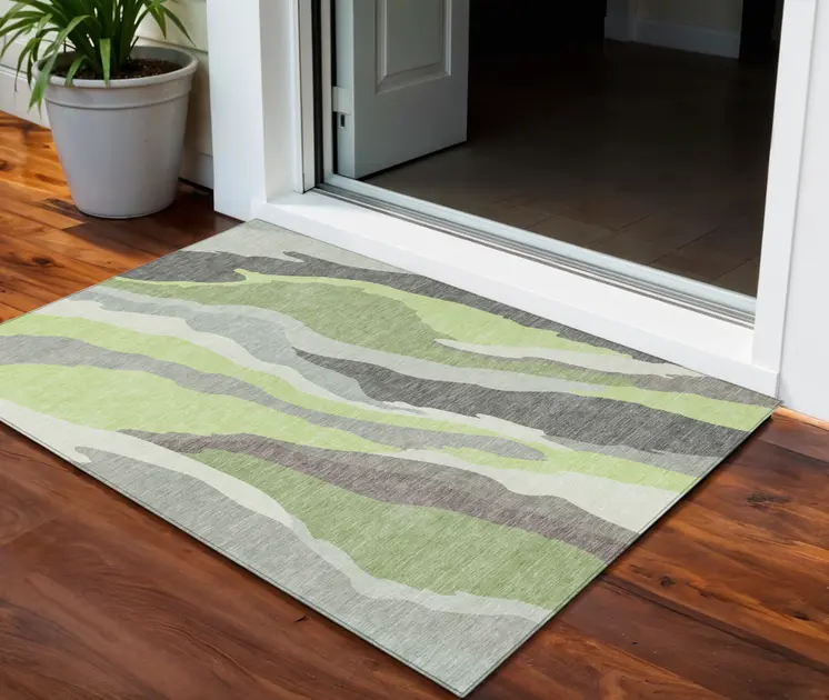 3' X 5' Mint Green Gray And Charcoal Abstract Washable Indoor Outdoor Area Rug