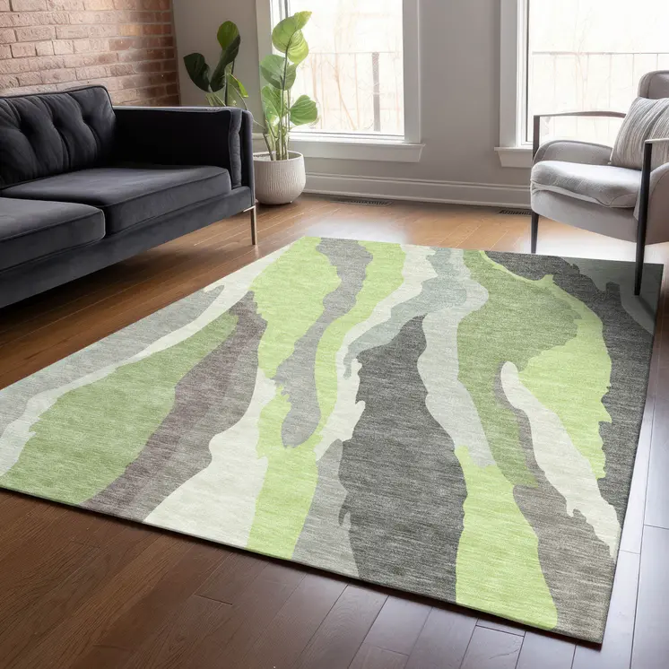 3' X 5' Mint Green Gray And Charcoal Abstract Washable Indoor Outdoor Area Rug