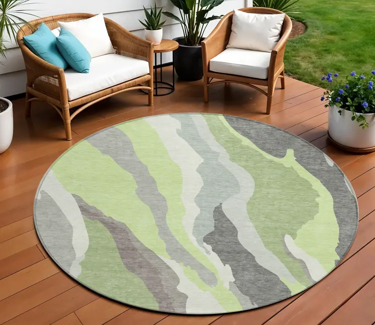 8' Mint Green Gray And Charcoal Round Abstract Washable Indoor Outdoor Area Rug