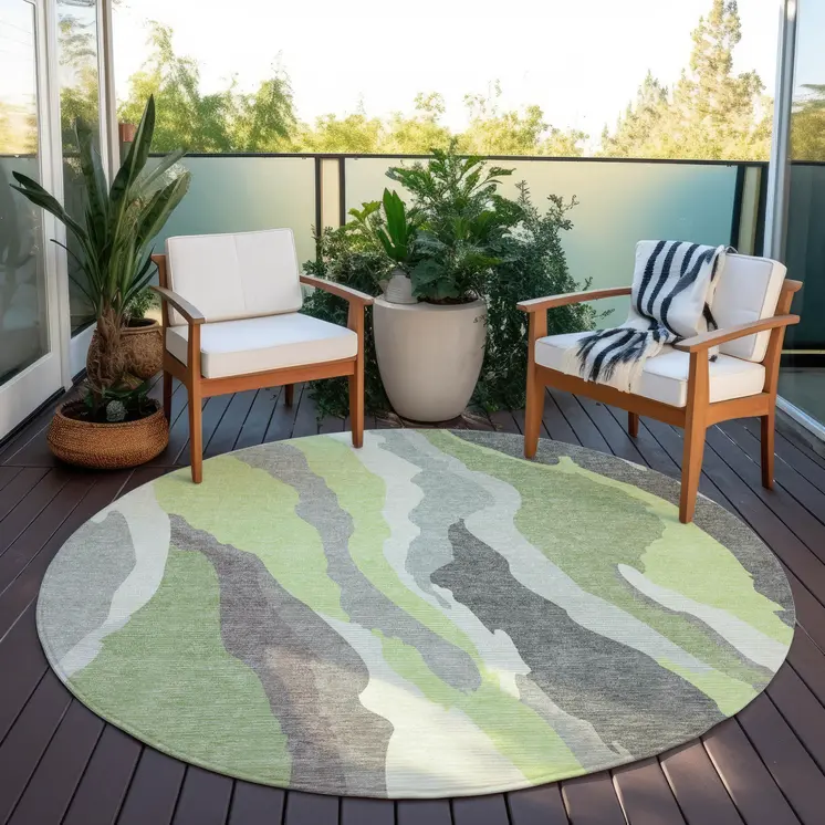 8' Mint Green Gray And Charcoal Round Abstract Washable Indoor Outdoor Area Rug