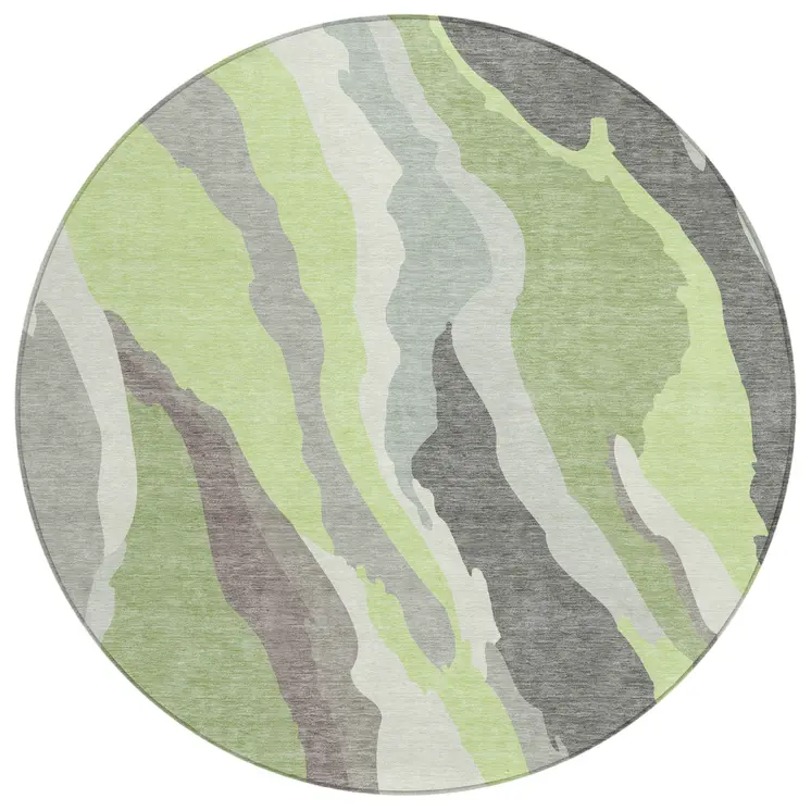 8' Mint Green Gray And Charcoal Round Abstract Washable Indoor Outdoor Area Rug