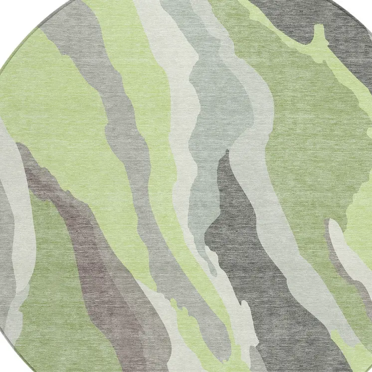 8' Mint Green Gray And Charcoal Round Abstract Washable Indoor Outdoor Area Rug