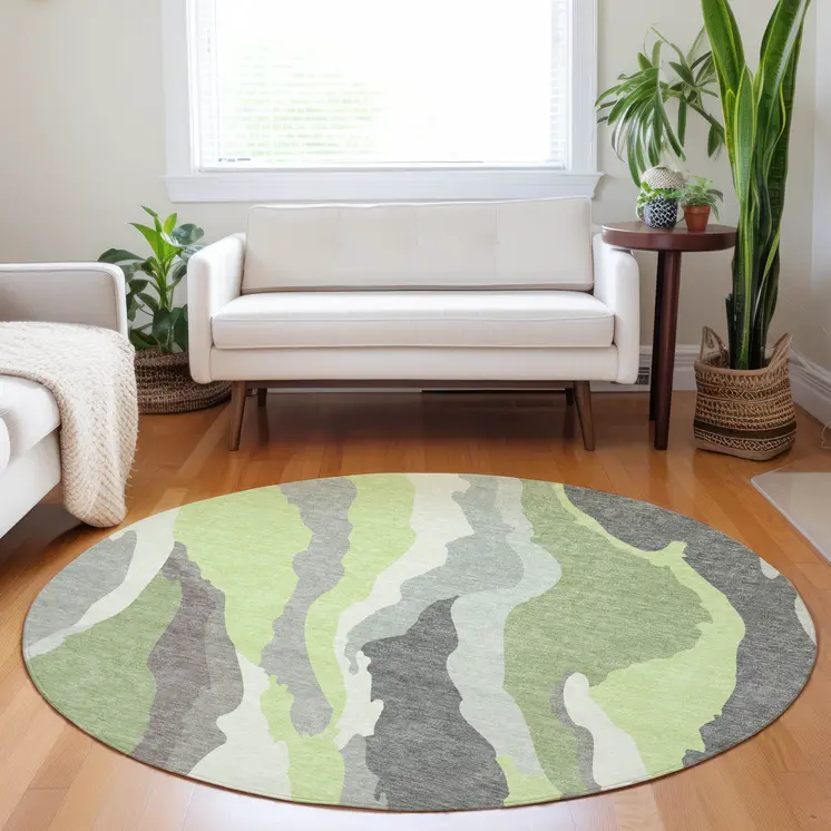 8' Mint Green Gray And Charcoal Round Abstract Washable Indoor Outdoor Area Rug