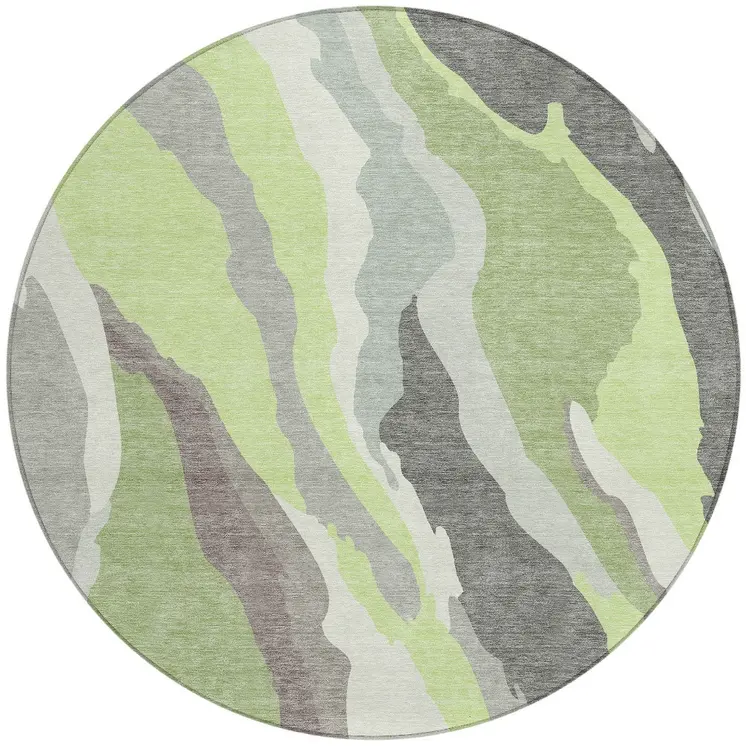 8' Mint Green Gray And Charcoal Round Abstract Washable Indoor Outdoor Area Rug