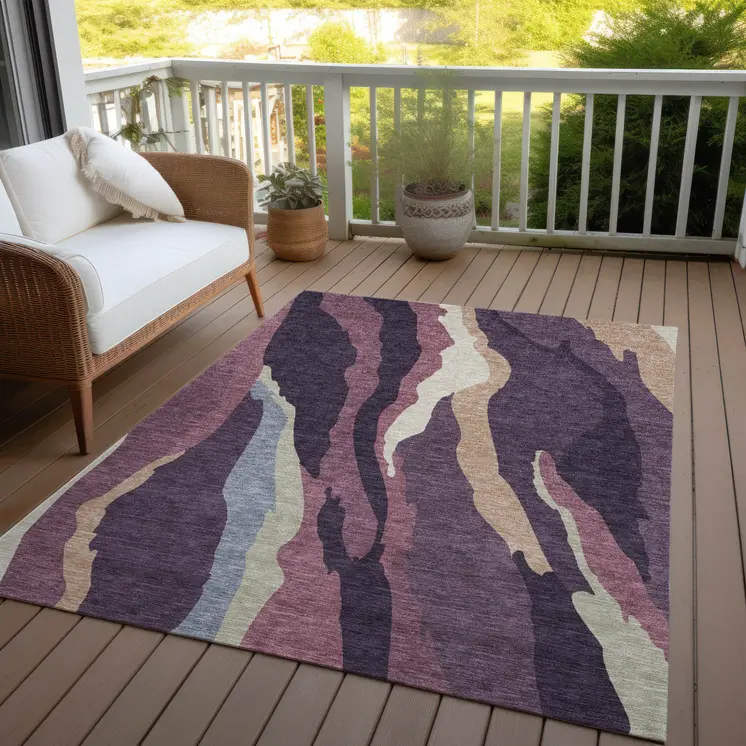 5' X 8' Plum Purple And Ivory Abstract Washable Indoor Outdoor Area Rug
