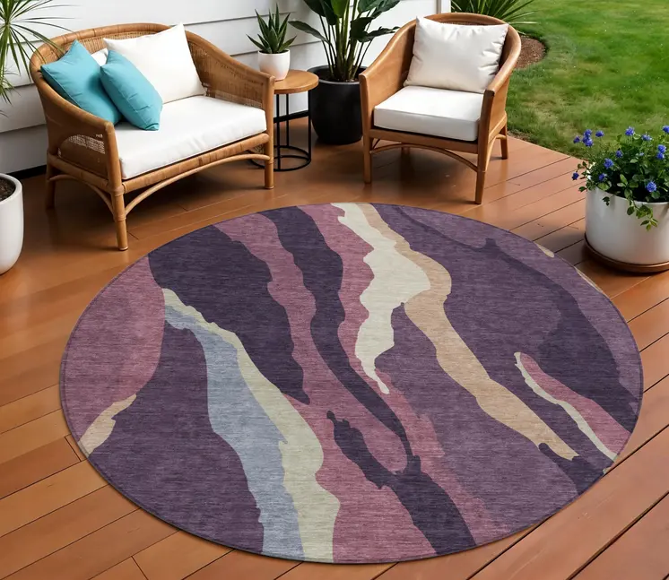 8' Plum Purple And Ivory Round Abstract Washable Indoor Outdoor Area Rug