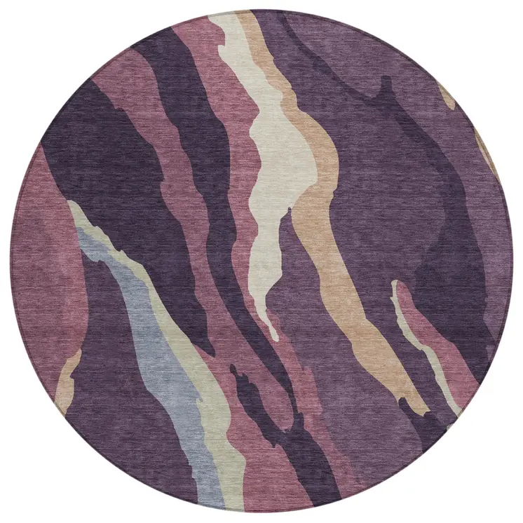 8' Plum Purple And Ivory Round Abstract Washable Indoor Outdoor Area Rug