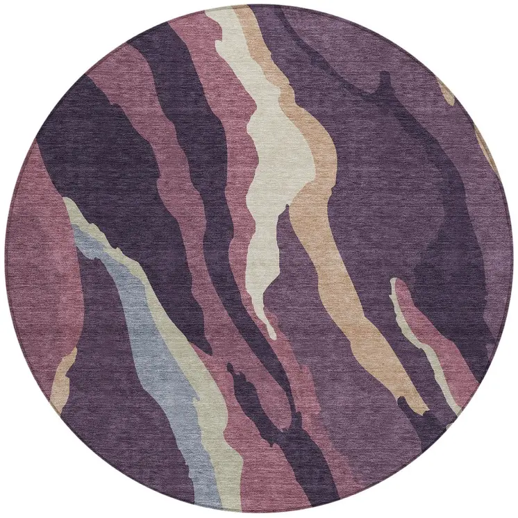 8' Plum Purple And Ivory Round Abstract Washable Indoor Outdoor Area Rug