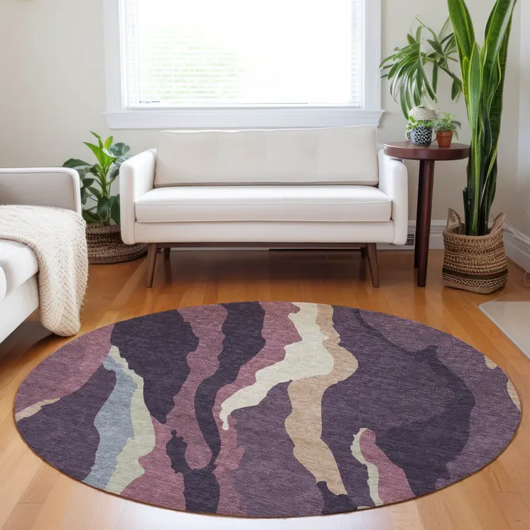 8' Plum Purple And Ivory Round Abstract Washable Indoor Outdoor Area Rug