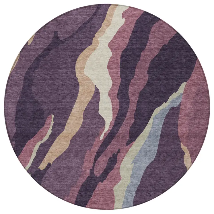 8' Plum Purple And Ivory Round Abstract Washable Indoor Outdoor Area Rug