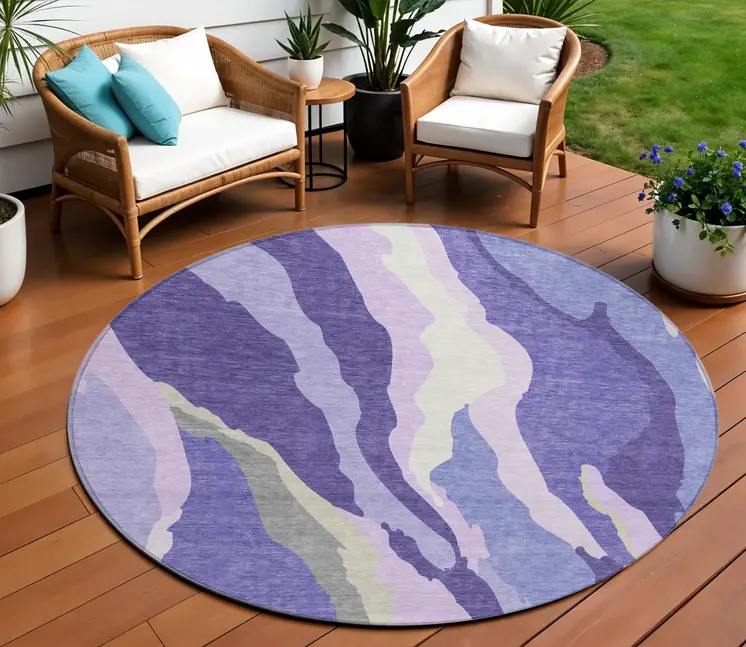 8' Purple Lavender And Ivory Round Abstract Washable Indoor Outdoor Area Rug