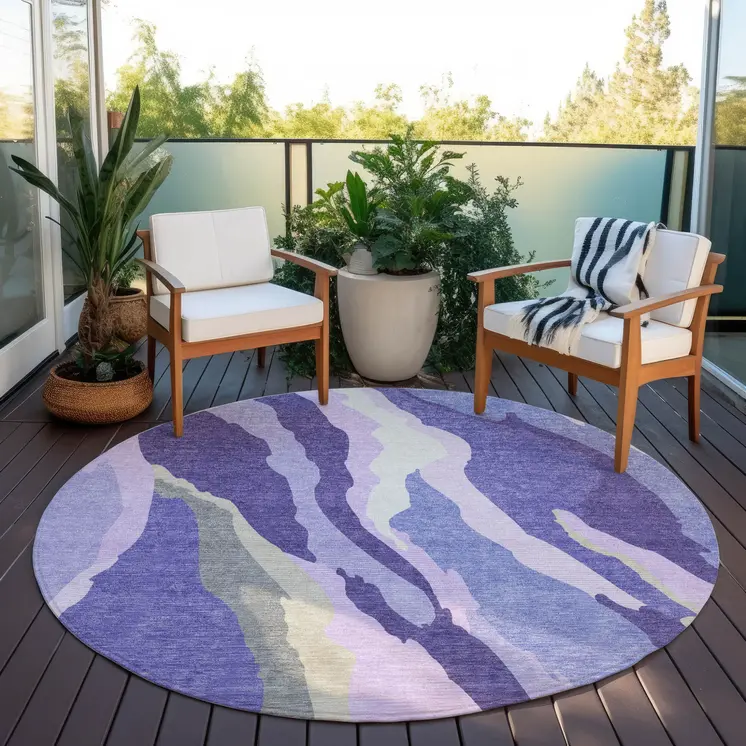 8' Purple Lavender And Ivory Round Abstract Washable Indoor Outdoor Area Rug
