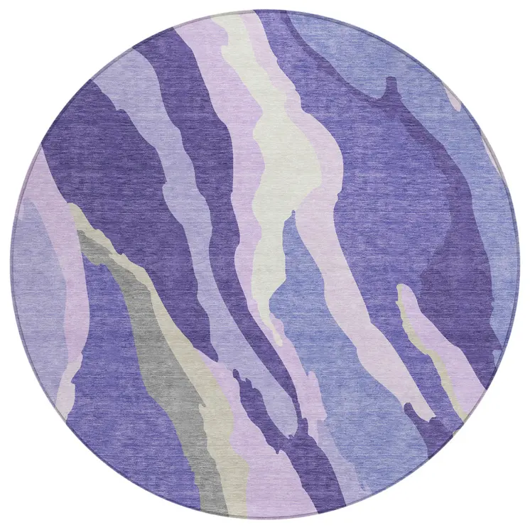 8' Purple Lavender And Ivory Round Abstract Washable Indoor Outdoor Area Rug