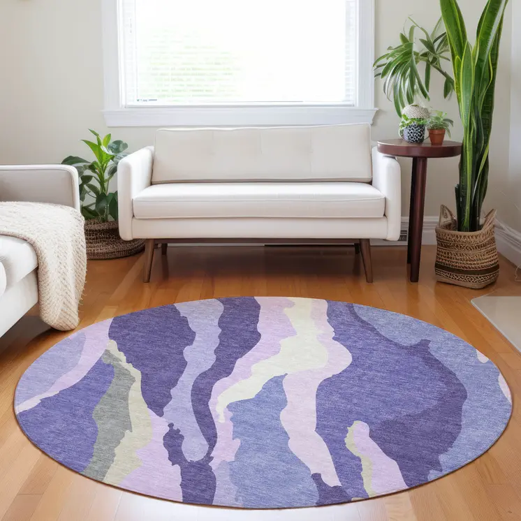 8' Purple Lavender And Ivory Round Abstract Washable Indoor Outdoor Area Rug